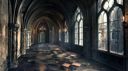 Fototapeta premium Old gothic church interior. 3d render. Illustration.