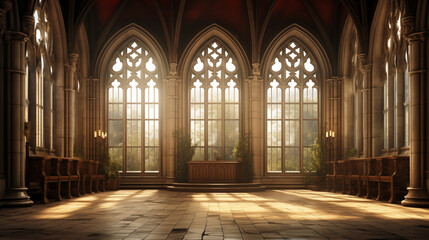 Obraz premium Interior of a church with a beautiful window. 3D rendering