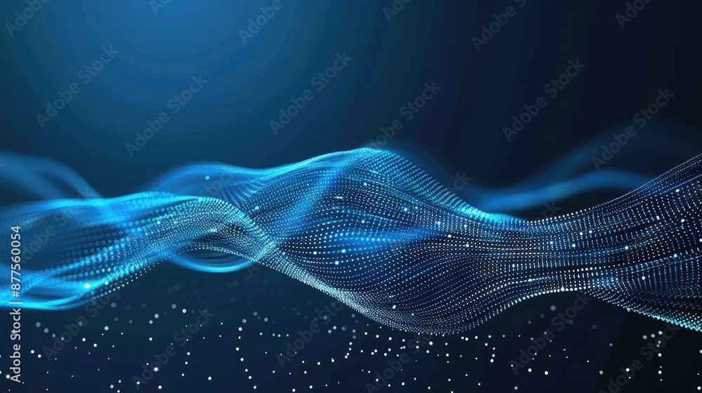 Poster a digital illustration of abstract blue waves with a mesh pattern. the waves are illuminated by a br