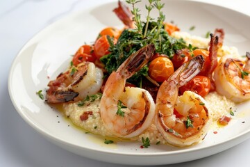 Artfully Arranged Deconstructed Roasted Tomato Grits and Shrimp