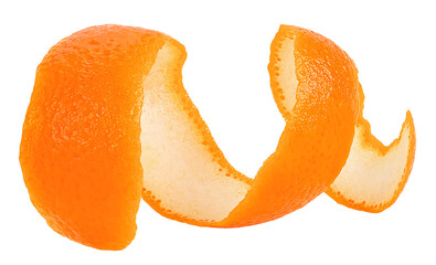 Skin of fresh orange fruit or orange twist isolated on a white background. Single orange peel.