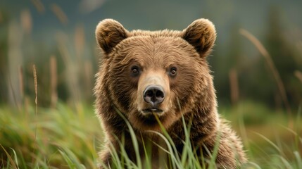 A Grizzly bear stares intently from the midst of lush Alaskan greenery