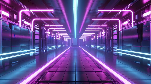 Futuristic corridor with vibrant neon lights, showcasing a high-tech atmosphere and modern architectural design.