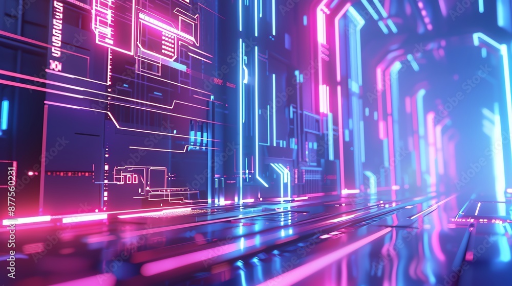Poster futuristic digital corridor with neon lights and circuit patterns, representing advanced technology 