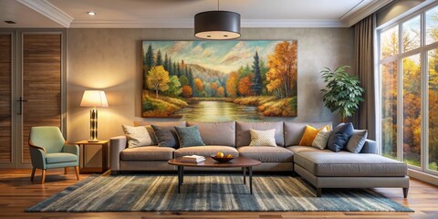 Living Room Interior Design with Sectional Sofa and Fall Landscape Painting, interior design, living room decor, home decor, fall landscape painting