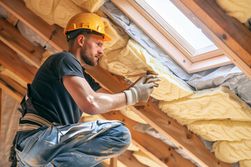 A Builder Installs Insulation Board in a Roof During a Winter Construction Project