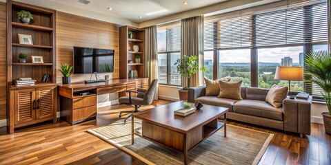 Modern Living Room with Wood Accents and City View, blinds, wooden floors, living room, contemporary style