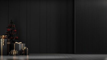 Black and gold Christmas theme with Christmas tree and gift boxes. Minimalist elegant black interior design for holiday, xmas, winter, new year concept.