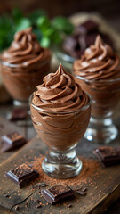 Rich Chocolate Mousse in Glass Cups on Rustic Wooden Tabletop