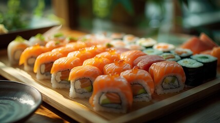 Assorted salmon sushi and rolls on a wooden platter.