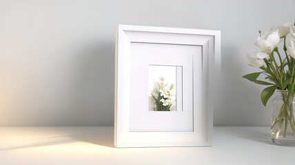 Photo frame for mockup on white table and white background, cozy atmosphere,