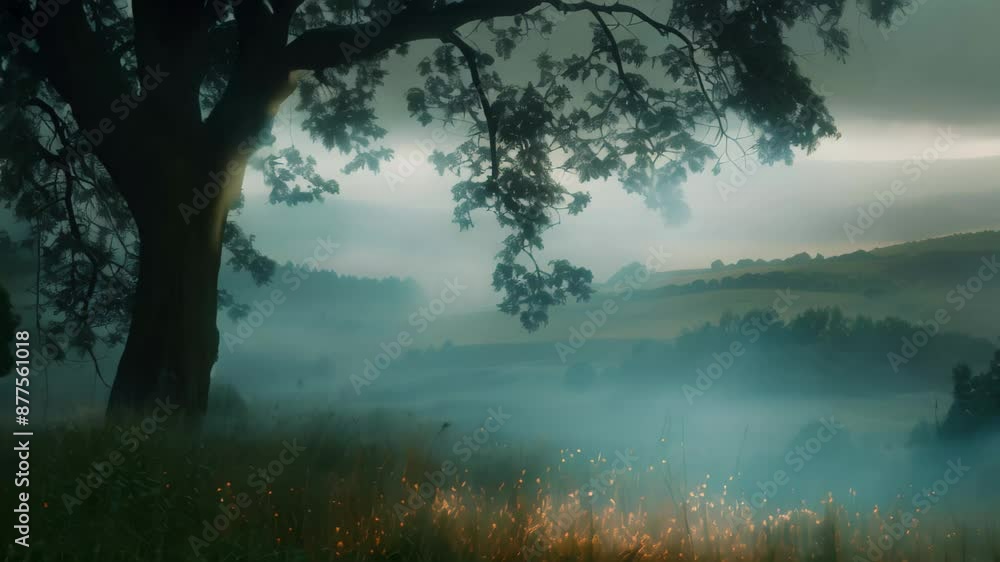 Poster a mist envelops the landscape, with a single tree in the background emerging through the hazy backdr