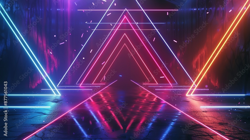 Poster futuristic neon glowing triangle shapes with reflections on wet floor creating a vibrant and dynamic