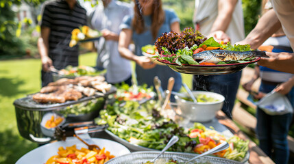 Obraz premium A telephoto angle photo of a family serving freshly made salads and grilled fish at a cookout in their backyard, emphasizing balanced nutrition and family bonding, environmental sc