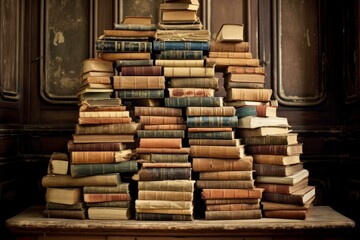 Obraz premium Large stack of classic books set against an elegant, vintage interior with wooden paneling