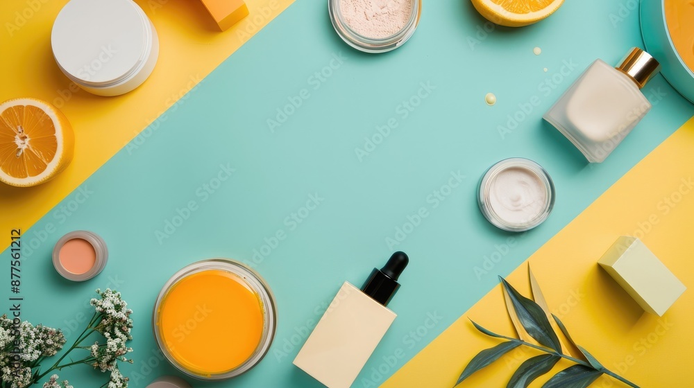 Poster cosmetic items displayed from a top view on a colored background