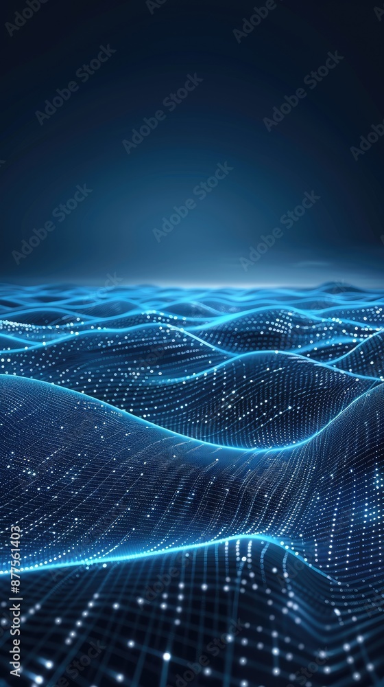 Poster a digital illustration of abstract blue waves with a mesh pattern. the waves are illuminated by a br
