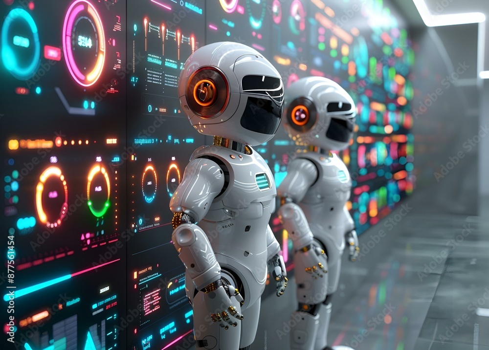 Poster two robots standing in front of a wall with colorful lights.