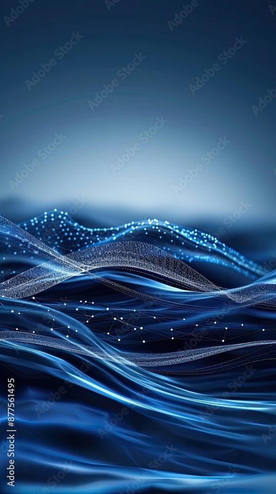Poster a digital illustration of abstract blue waves with a mesh pattern. the waves are illuminated by a br