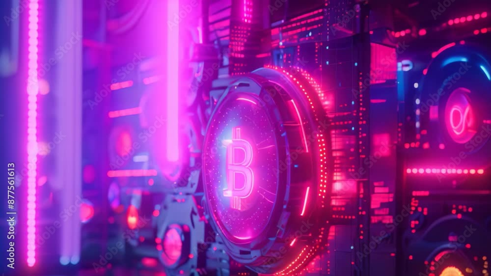 Poster a computer screen showing a glowing bitcoin symbol, representing digital currency and financial tech