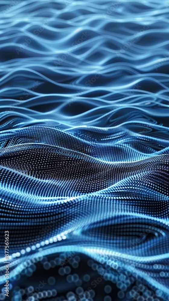 Poster a digital illustration of abstract blue waves with a mesh pattern. the waves are illuminated by a br