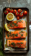 A Trio of Fresh Salmon Fillet Prepped for Baking With Lemon, Herbs, and Cherry Tomatoes