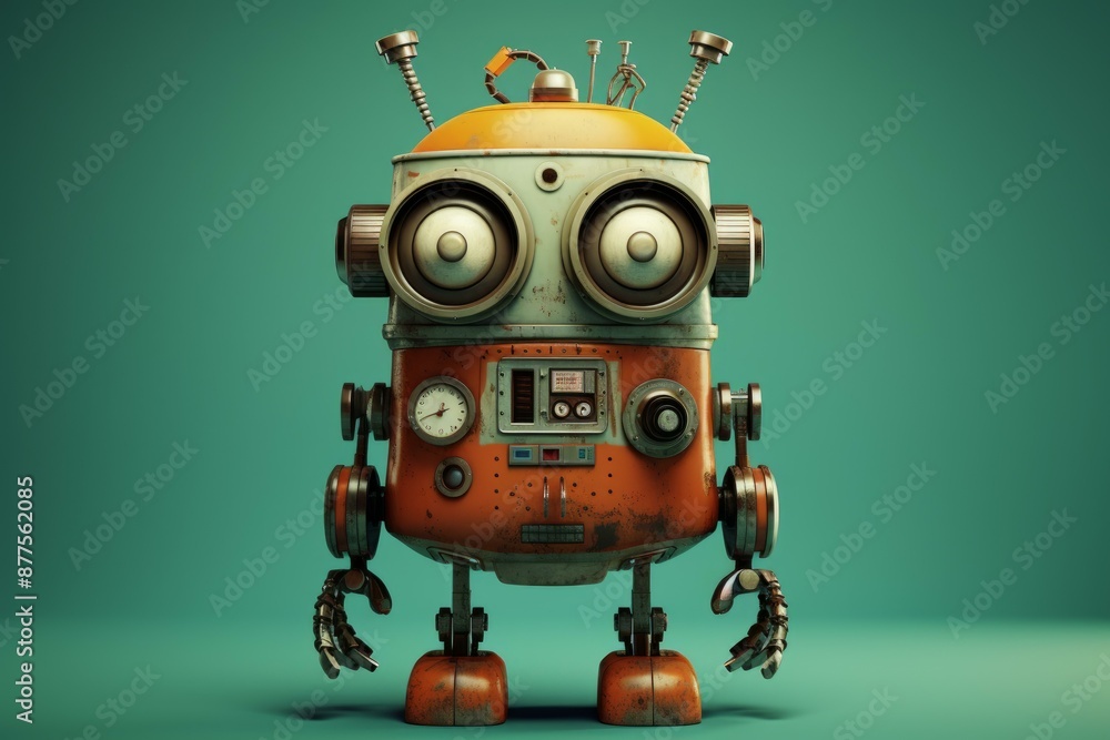 Aufkleber quirky, retro-style robot with a rusted texture stands against a plain teal backdrop