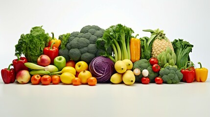 Vibrant Assortment of Fresh Fruits and Vegetables in Various Colors and Shapes on White Background. Generative AI