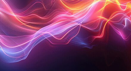 Obraz premium Futuristic trendy background with wavy airy texture of silk neon shiny blue purple fabric in the form of a wave on a dark background. Neon wave. Copy space. Banner