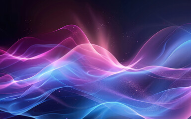Fototapeta premium Futuristic trendy background with wavy airy texture of silk neon shiny blue purple fabric in the form of a wave on a dark background. Neon wave. Copy space. Banner