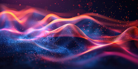 Fototapeta premium Futuristic trendy background with wavy airy texture of silk neon shiny blue purple fabric in the form of a wave on a dark background. Neon wave. Copy space. Banner