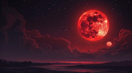 A red moon in the dark night sky. lunar. Illustration 
