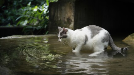 A cat walking in water with a stick on its head, AI