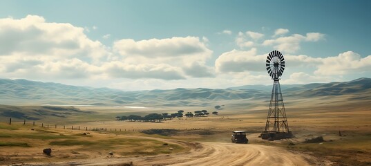An Old Windmill with Clouds in a Blue Sky