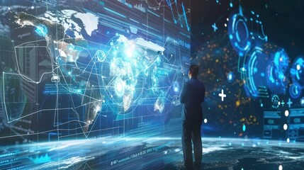 Obraz premium Businessman analyzing futuristic holographic world map data visualization. Concepts. big data, global business, analytics, finance, technology