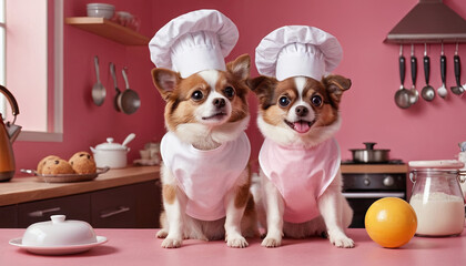 Two small, brown and white Chihuahuas are dressed in chef hats and aprons, standing in a kitchen with a pink counter. The dogs are looking at the camera with happy expressions