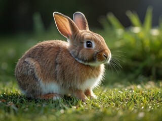 Fototapeta premium A brown rabbit with white markings sits in tall green grass on a sunny day
