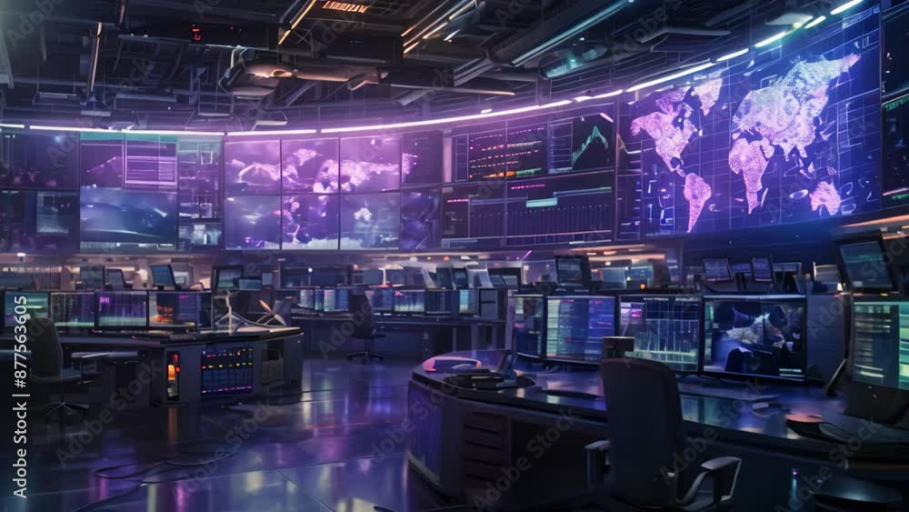 Poster a futuristic control room filled with multiple monitors for monitoring and managing cyber security s
