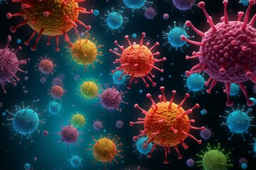 Colorful digital rendering of various viruses, highlighting detail and texture
