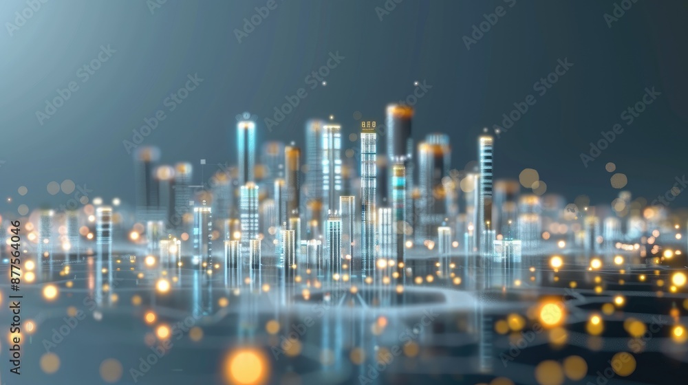 Poster a digital rendering of a futuristic city with tall, illuminated towers connected by a network of glo