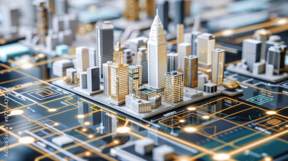 Poster a digital rendering of a futuristic city with tall, illuminated towers connected by a network of glo