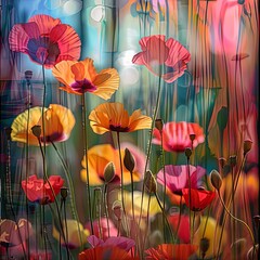 A variety of vibrant poppy flowers, including orange petals, are blossoming in a natural landscape, creating a picturesque scene perfect for a painting