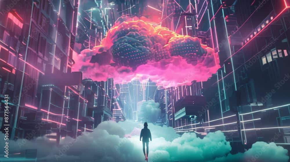 Poster a man standing in a futuristic city with a cloud in the sky, illustrate the concept of cloud storage