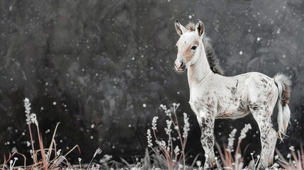   A white and brown horse stands in a field of green grass, surrounded by falling snow and a rock wall in the background