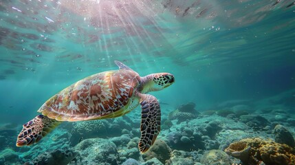 Obraz premium Sea turtle swimming in clear blue ocean water over a coral reef with sun rays shining through the surface. Concepts. wildlife, marine life, conservation, nature, oceanography