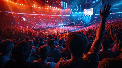 A vibrant arena filled with cheering fans