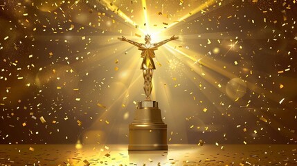 Golden winner's stand with shining star for product showcase. It has glowing light beams with confetti raining from above.