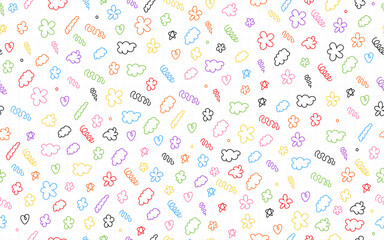 Cute colorful doodle seamless pattern clouds heart scribble doodles children colours abstract happy summer trendy creative vector texture textile fabric paper print background wallpaper