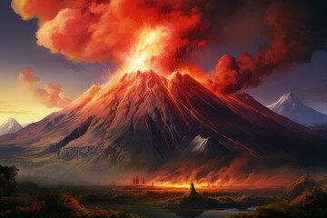 Dramatic landscape featuring a volcano erupting with glowing lava and ash clouds against a fiery sunset sky
