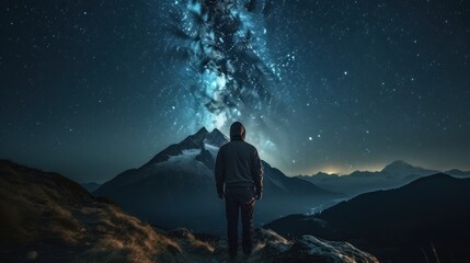 Obraz premium Man standing on a mountain peak, gazing at the starry night sky with glowing nebula clouds. Concept of adventure, exploration, universe, and inspiration